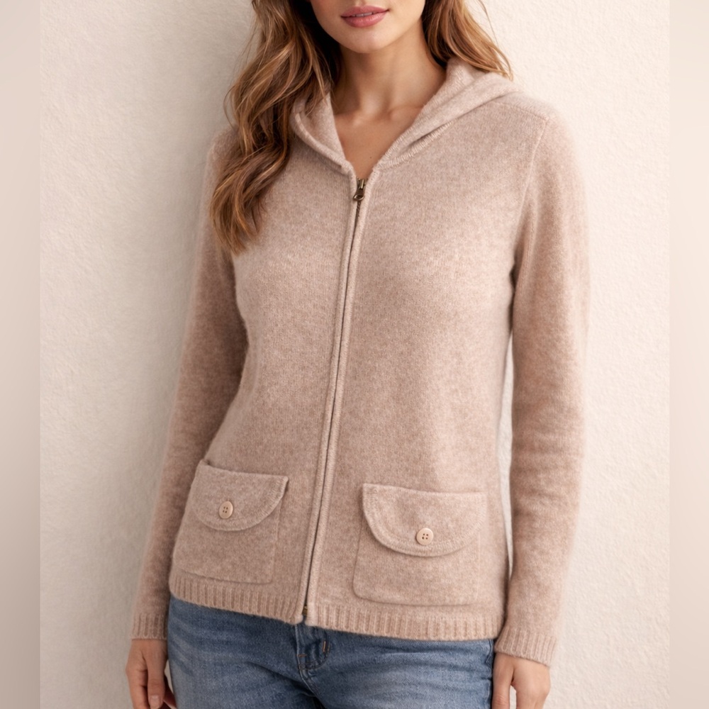 Sarah Spencer Lambs Wool Blend Zip Up Hoodie Size M Beige Warm Cozy Soft Chic